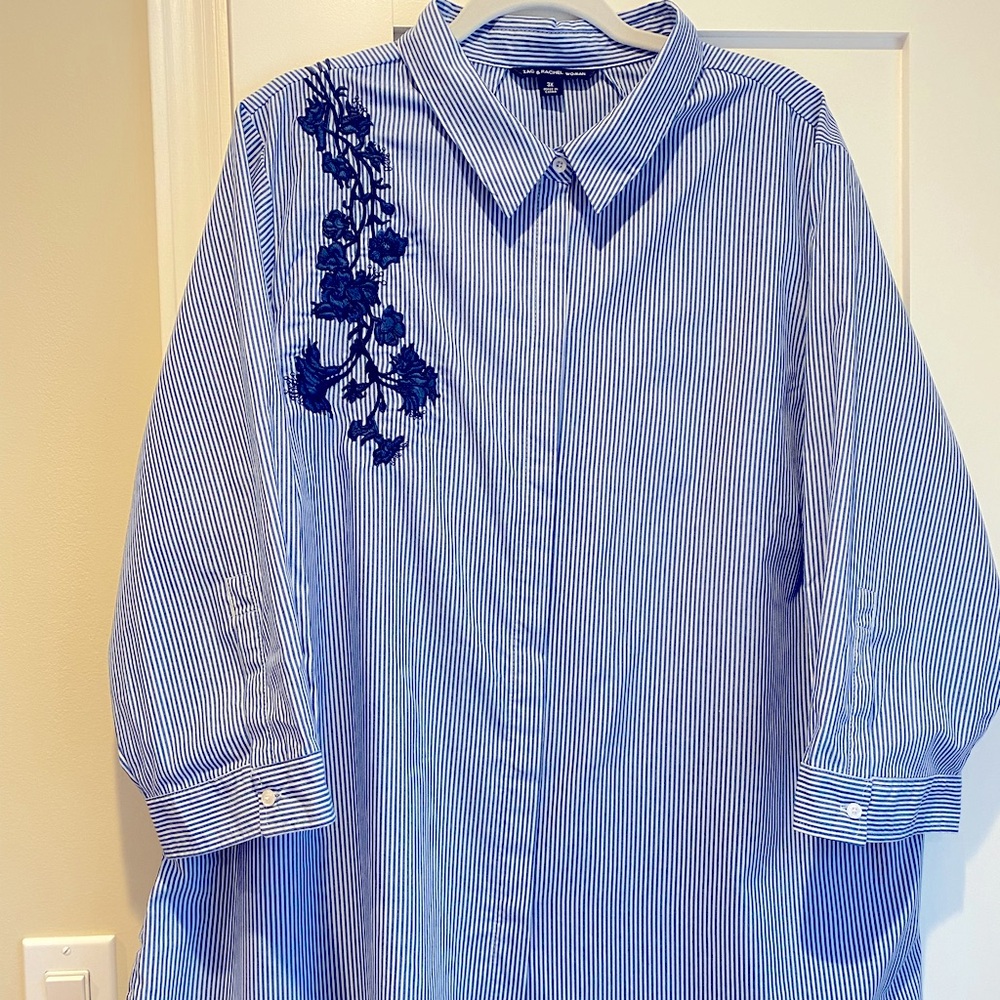 Zac and Rachel Embroidered Pin Striped Button Down Shirt  Tunic 3/4 sleeves 3X